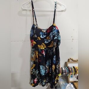 Women's Black Tropical Mini Dress with Multicolor Leaf Print